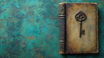 Vintage key on old book with turquoise textured background