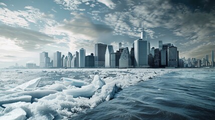 An evocative image illustrating climate change through melting ice caps and rising sea levels encroaching upon a coastal cityscape, Reflecting the urgent environmental crisis, minimalist style