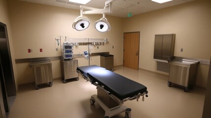 A sterile operating room with surgical lights and an examination table.