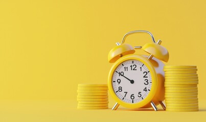 A vibrant yellow alarm clock next to a stack of golden coins, symbolizing time and money management in a modern lifestyle.