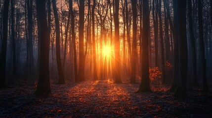 Fototapeta premium Sunrise in a misty forest with glowing sunbeams through the trees