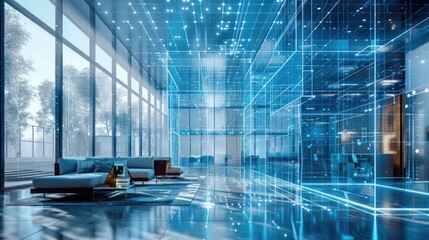 Futuristic office interior with a large window overlooking a green landscape. Digital lines and dots are superimposed over the space, illustrating the concept of digital transformation and innovation.
