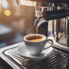 Freshly Brewed Espresso Shot Streaming Into a Ceramic Cup From a Professional Coffee Machine, Capturing the Texture and Aroma in an Elegant Coffee Shop Setting