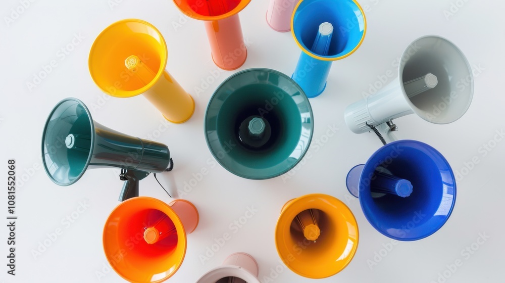Poster An evocative image of diverse voices, showing a range of megaphones of various colors and styles arranged in a circle, Representing the amplification of diverse perspectives in a unified manner