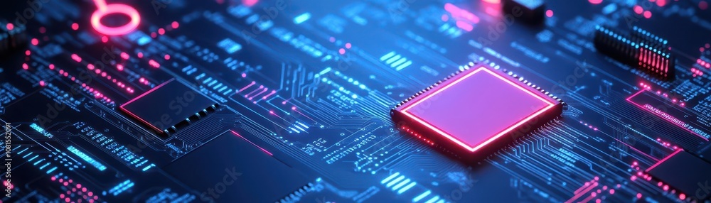 Poster 3d report graphics with circuit board background, neon holograms, intricate details, glowing data po
