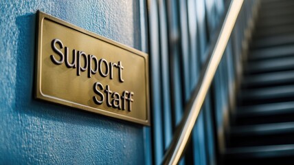 Obraz premium Support staff sign, blue wall, next to staircase