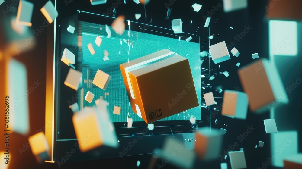 Poster digital abstract depicting cubes floating in futuristic, tech-themed environment
