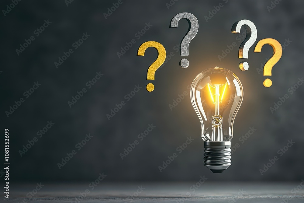 Aufkleber a dimly lit light bulb surrounded by question marks suspended in midair soft spotlight with dramatic
