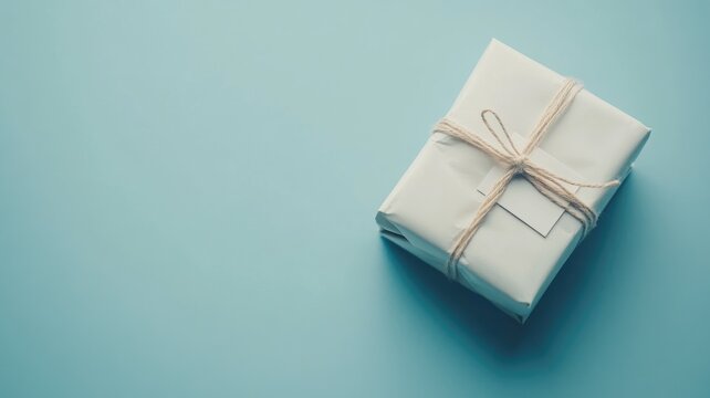 Wrapped gift box with string on blue background