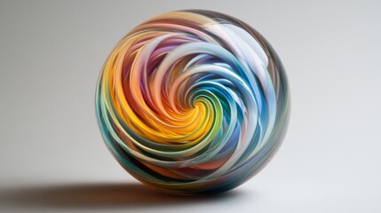 A colorful glass sphere with a swirling pattern inside, against a white background.