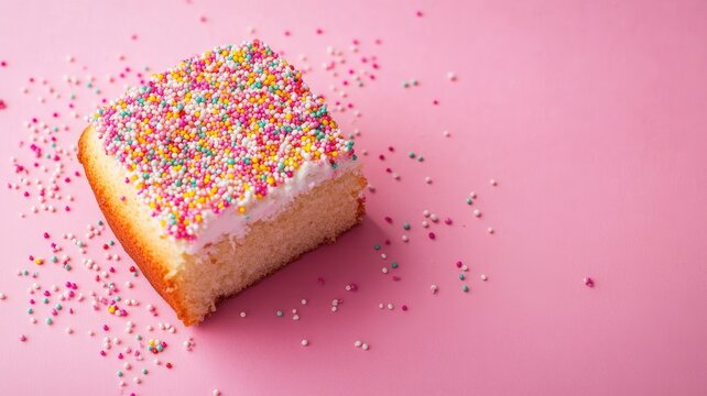 Delicious vanilla cake slice with colorful sprinkles on pink background