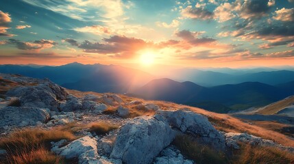 Obraz premium Sunrise over mountain range with dramatic clouds and rocky terrain