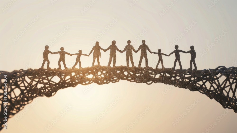 Aufkleber An evocative scene of a group of people holding hands across a bridge made of interconnected words like 'Equality,' 'Respect,' and 'Unity