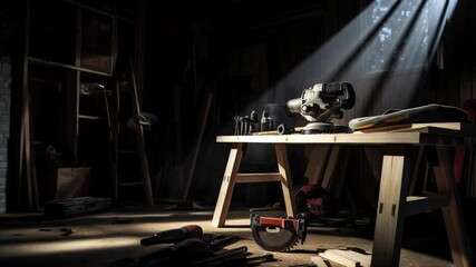 Various woodworking tools are laying on a workbench, illuminated by beams of sunlight shining through a window in a carpentry workshop