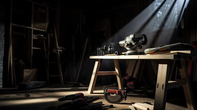 Various woodworking tools are laying on a workbench, illuminated by beams of sunlight shining through a window in a carpentry workshop