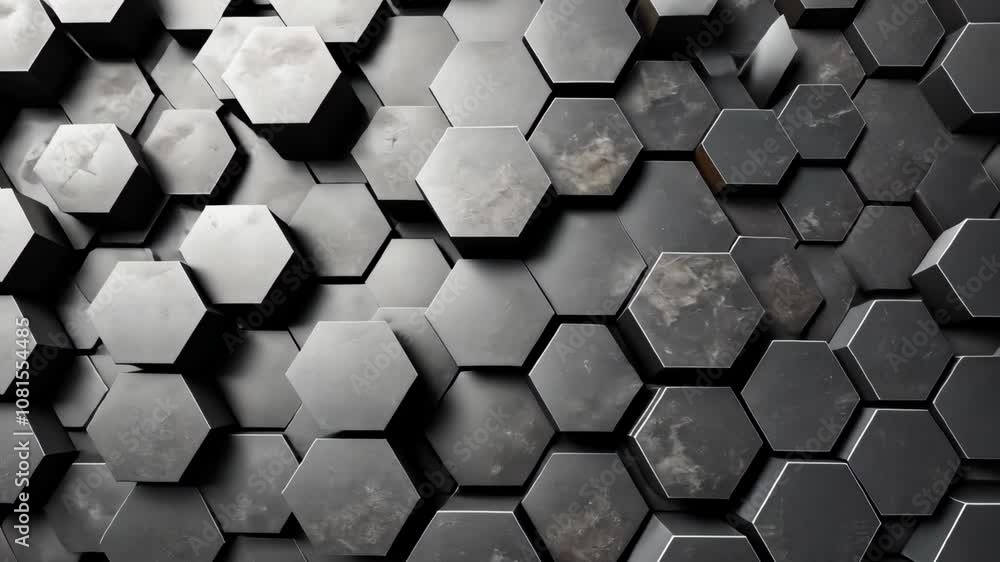 Poster hexagonal pattern with varying shades on dark background. 3d geometric wallpaper design with shadow 
