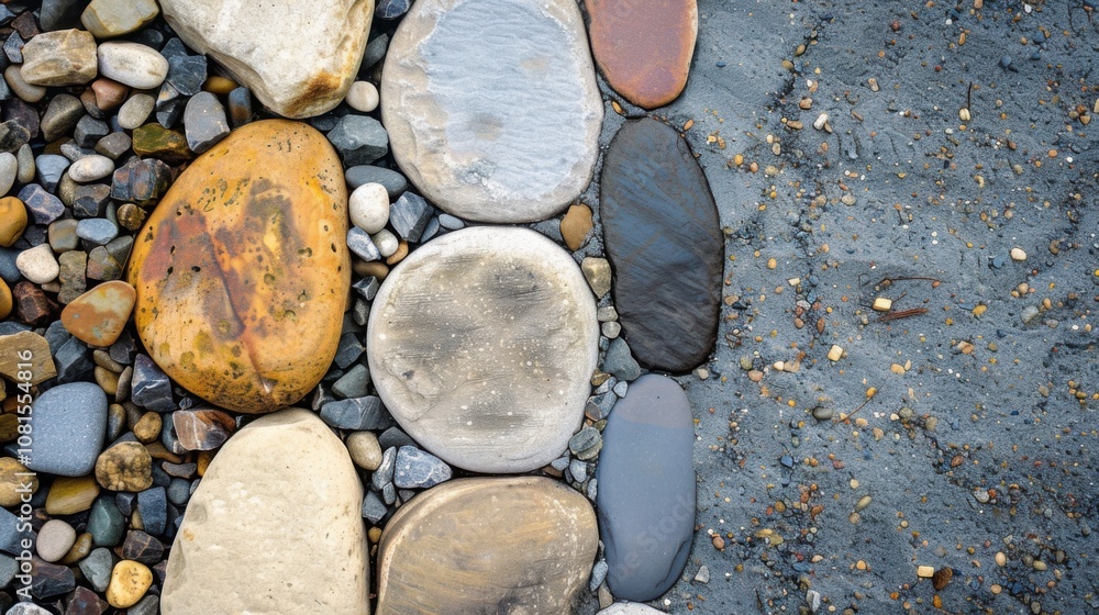 Poster an evocative scene of different colored and textured stones forming a single, elegant pathway leadin