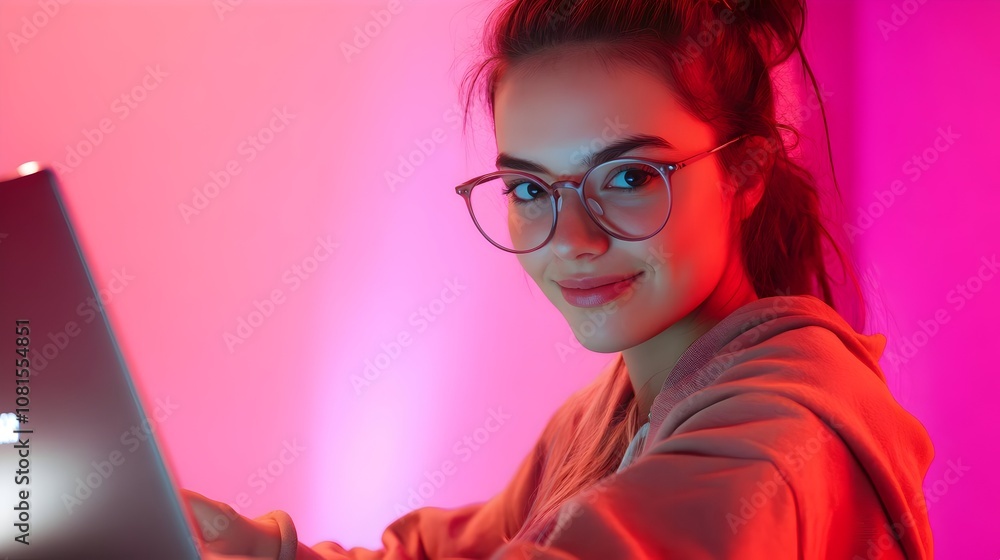 Poster confident and smiling redhead woman wearing glasses,using laptop computer,representing an informatio