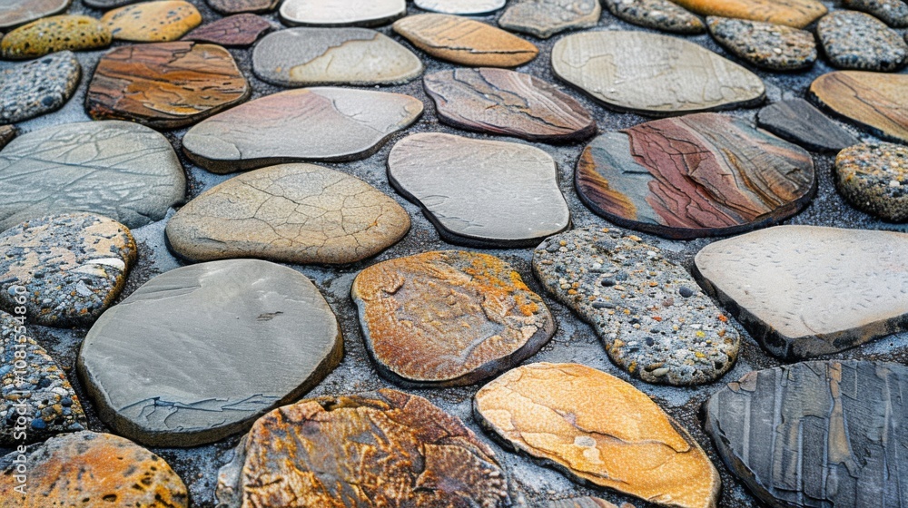 Poster an evocative scene of different colored and textured stones forming a single, elegant pathway leadin