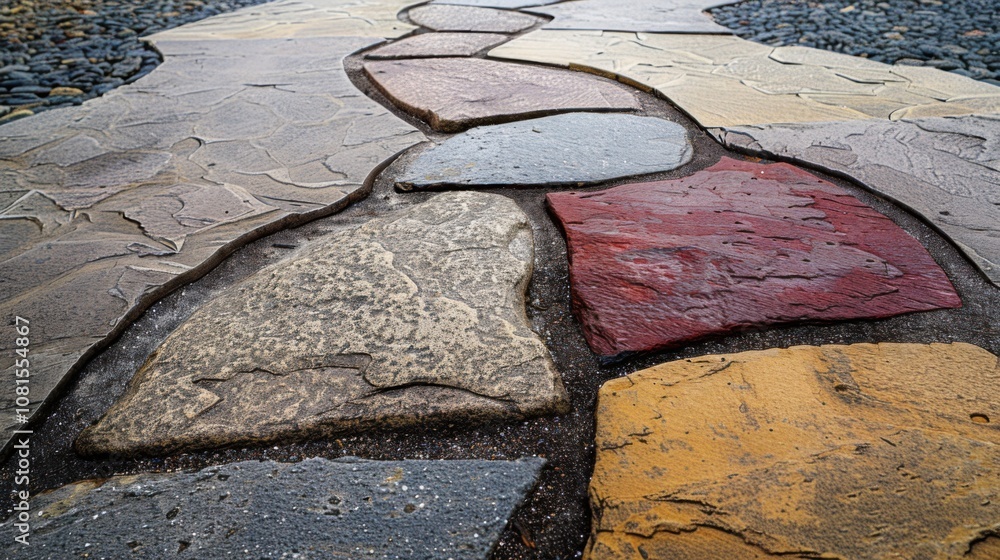 Poster an evocative scene of different colored and textured stones forming a single, elegant pathway leadin
