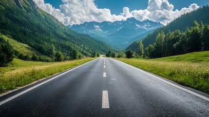 Fototapeta premium Empty asphalt road leading through a lush green valley with snow capped mountains in the distance on a sunny day. Concept of adventure, travel, and journey.