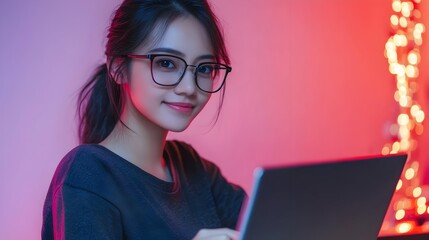 Portrait of a young confident female wearing glasses,using a laptop computer in a technology-focused workspace. Representing a software engineer,developer,or information technology specialist.