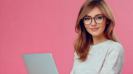 Portrait of a confident and successful young woman wearing glasses and using a laptop computer in a pink studio setting. She appears to be an information technology specialist,software engineer.