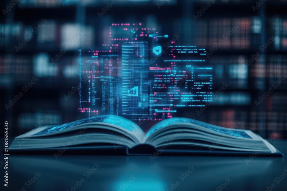 Poster augmented reality finance book, 3d data visualizations, hightech library with holograms