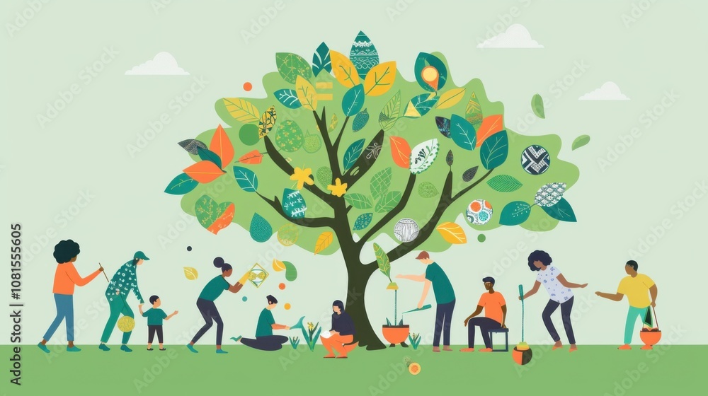 Aufkleber an evocative visual of a diverse group of people planting a garden with flowers that each have diffe