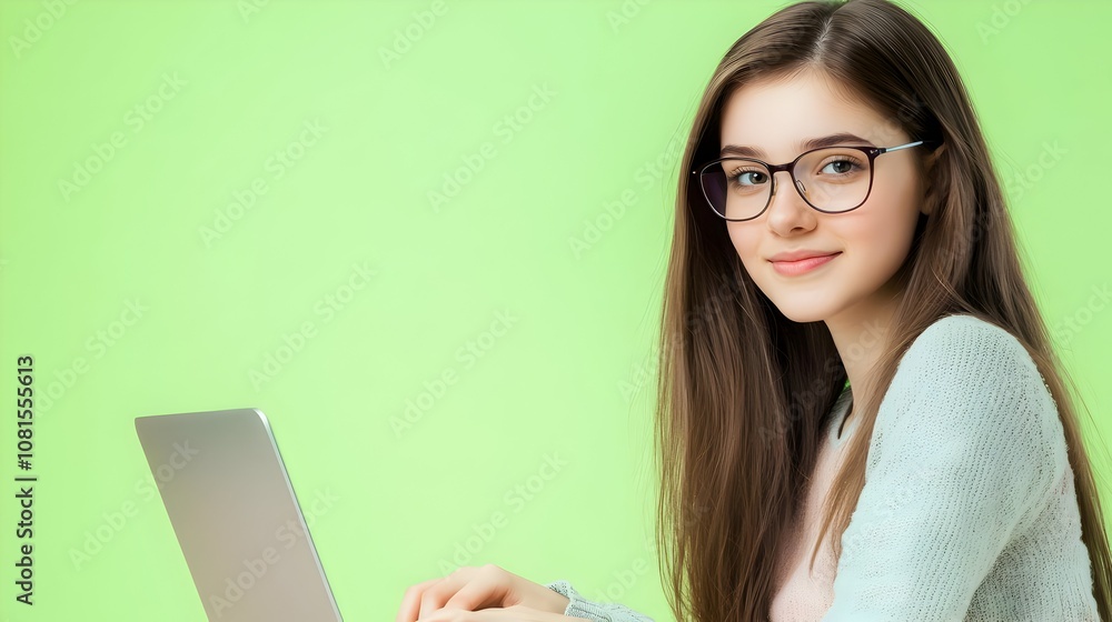 Poster portrait of a confident and smiling young female information technology specialist or software devel