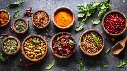 Variety of spices in wooden bowls with fresh herbs