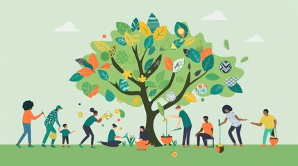 An evocative visual of a diverse group of people planting a garden with flowers that each have different cultural patterns on their petals