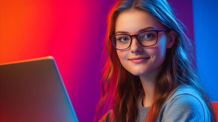 Young Confident Female Wearing Eyeglasses,Using Laptop Computer,Information Technology Specialist or Software EngineerDeveloper Concept