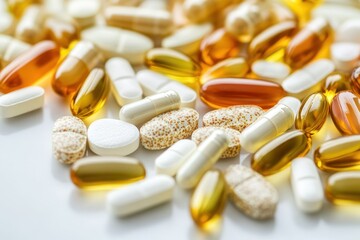 A variety of capsules and tablets arranged together, representing dietary supplements and medications.