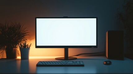 A computer monitor with a blank white screen on a desk.