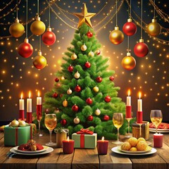 a christmas tree with a candle and a christmas tree in the background