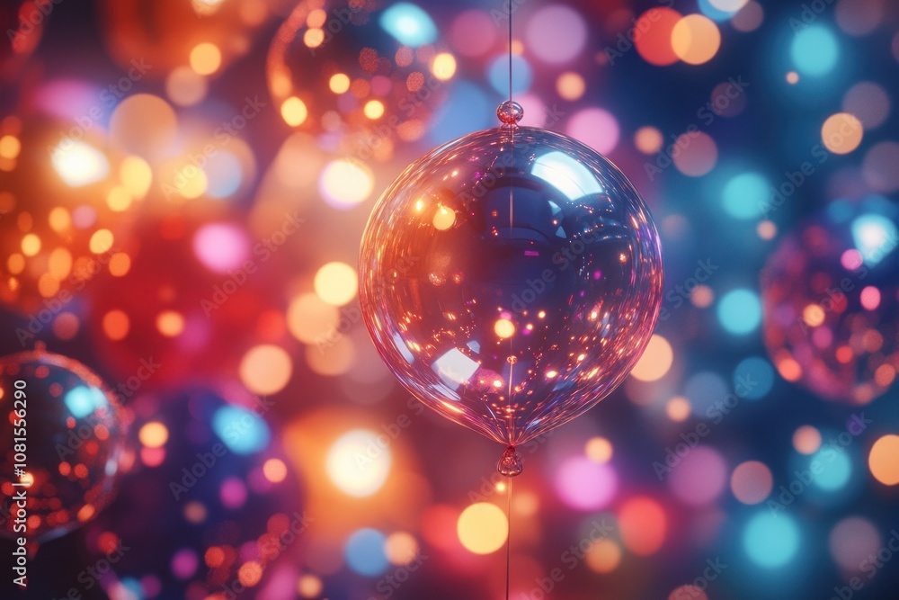 Poster a single shiny, reflective balloon hangs in the foreground with a background of colorful bokeh light