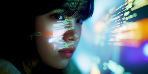 A woman intensely focused on her computer screen, showcasing elements of digital code and technology