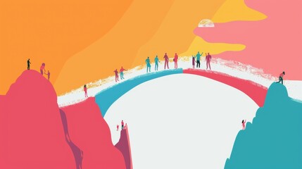 An evocative visual of a rainbow bridge connecting two distinct landscapes representing different cultures, with people crossing it from both sides