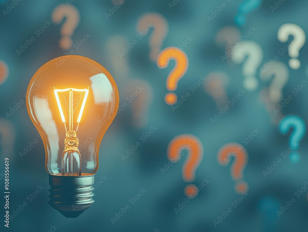 Aufkleber bright light bulb illuminating a foggy room filled with floating question marks soft focus on backgr