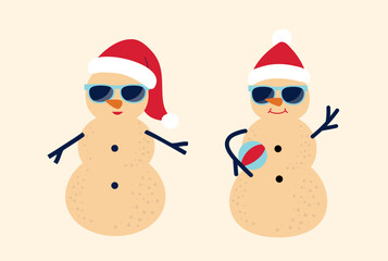 Set of cute holiday sand snowman flat vector.
Beach summer sand snowman cartoon.
Christmas Beach Snowman illustration.