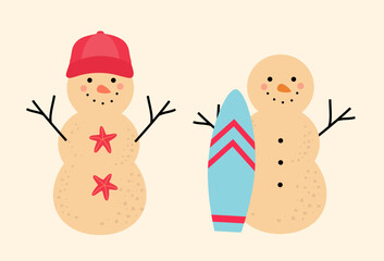 Set of cute holiday sand snowman flat vector.
Beach summer sand snowman cartoon.
Christmas Beach Snowman illustration.