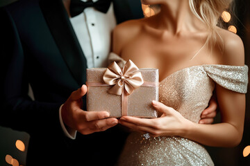 A couple in formal attire share a special moment exchanging a small gift, symbolizing romance and thoughtfulness in a beautiful, elegant setting with soft lighting.