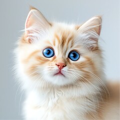 The close up photo captures every detail of the fluffy white kitten with bright blue eyes, showcasing its delicate whiskers, soft pink nose, and tiny ears as it gazes curiously at the camera
