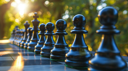 Chess pieces placed on a board symbolize strategic planning, representing thoughtful decision-making and tactics applied in various aspects of life and business for success.
