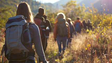 Group of tourists hikes up a mountain trail, venturing into the forest for sustainable eco-tourism, appreciating nature while promoting environmental awareness and conservation.