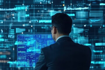 Businessman in sleek office, analyzing data on virtual screens, blue holographic interface, futuristic ambiance