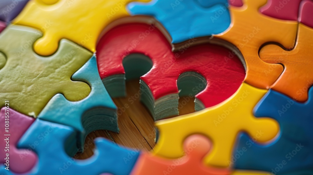 Poster an impactful image of a diverse range of puzzle pieces coming together to form a vibrant heart, symb