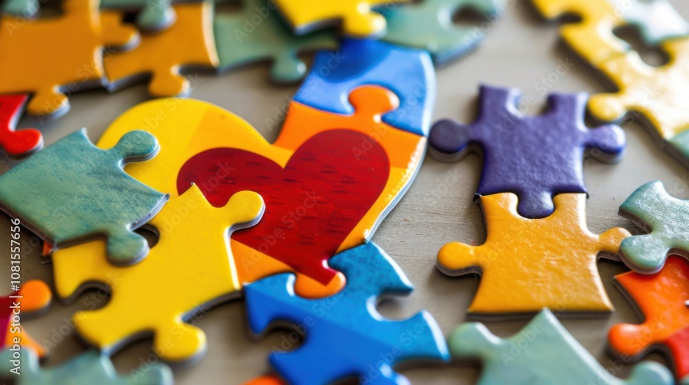 Poster an impactful image of a diverse range of puzzle pieces coming together to form a vibrant heart, symb