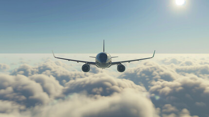 Obraz premium Commercial airplane flying above the clouds with clear blue sky